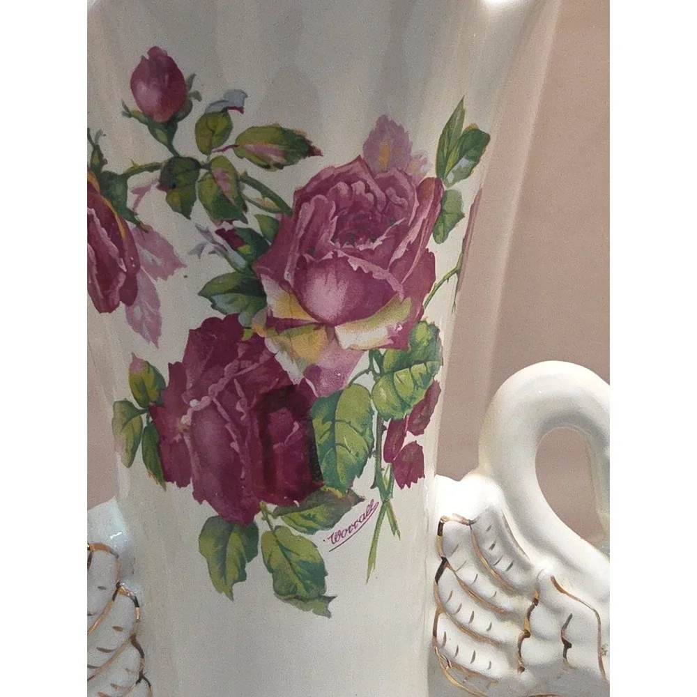 Victorian Style Lamp Worrall Roses Swans Gilded Ceramic 1940s Signed  Wescal Wrk